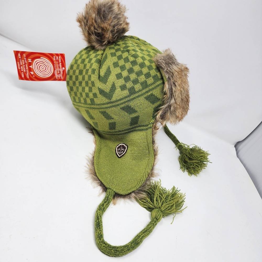 HYP Trapper Hat One Size Winter Aviator Knit Faux Fur Olive Green Checkered 00s